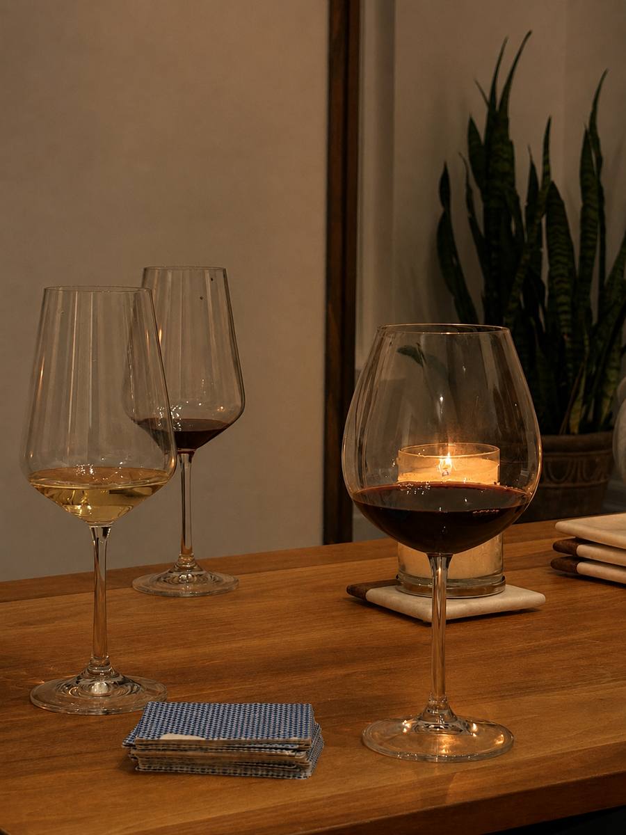 Wine glasses and a deck of playing cards in candlelight after dinner