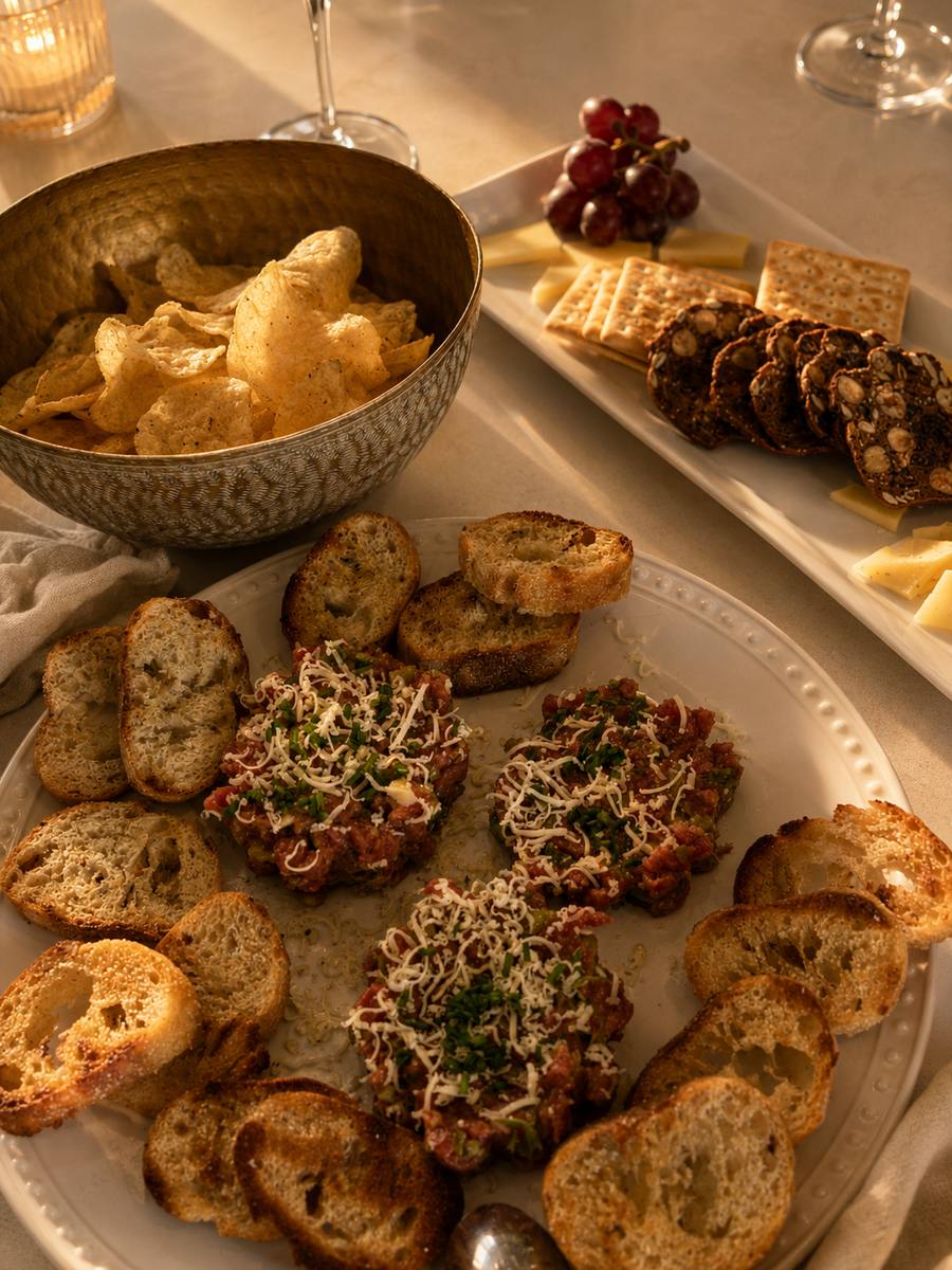 Beef tartare with toasted baguette in golden evening light