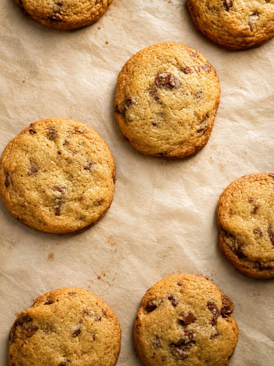 Brown butter chocolate chip cookies on parchment
