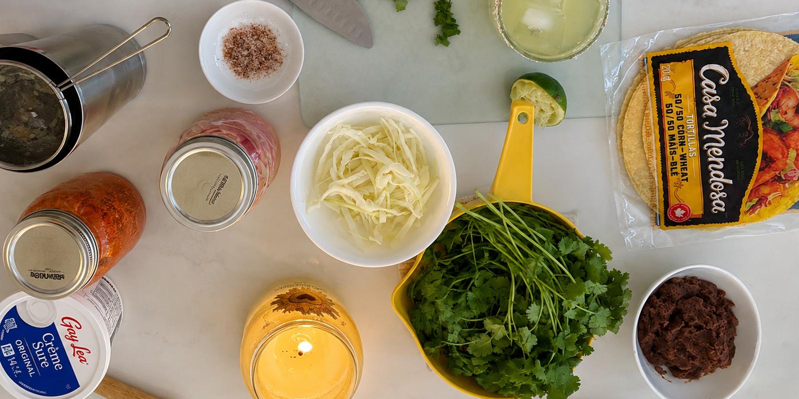 Taco night mise en place, everything out on the counter