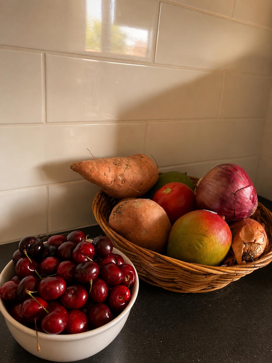 A bowl of dark cherries beside a wicker basket of summer produce on the counter