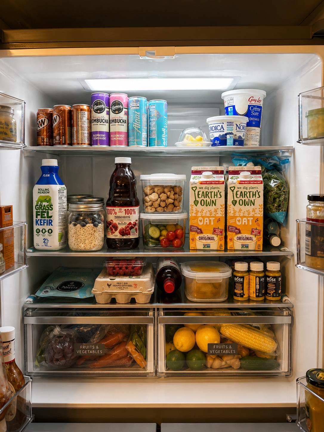 The fridge, fully stocked with produce, drinks, and staples