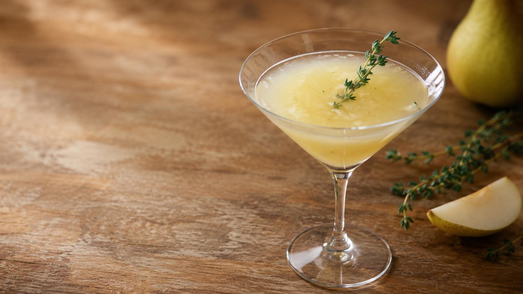A pale pear and thyme martini in afternoon light, a sprig of thyme resting across the glass