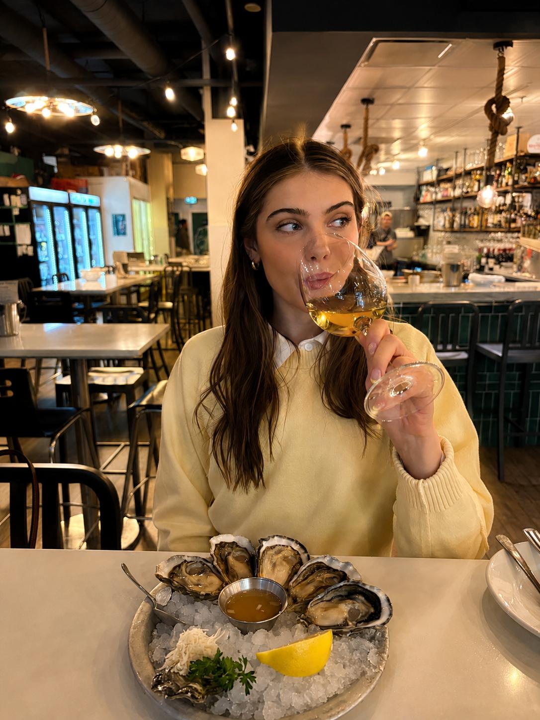 Katya sipping white wine over a plate of oysters